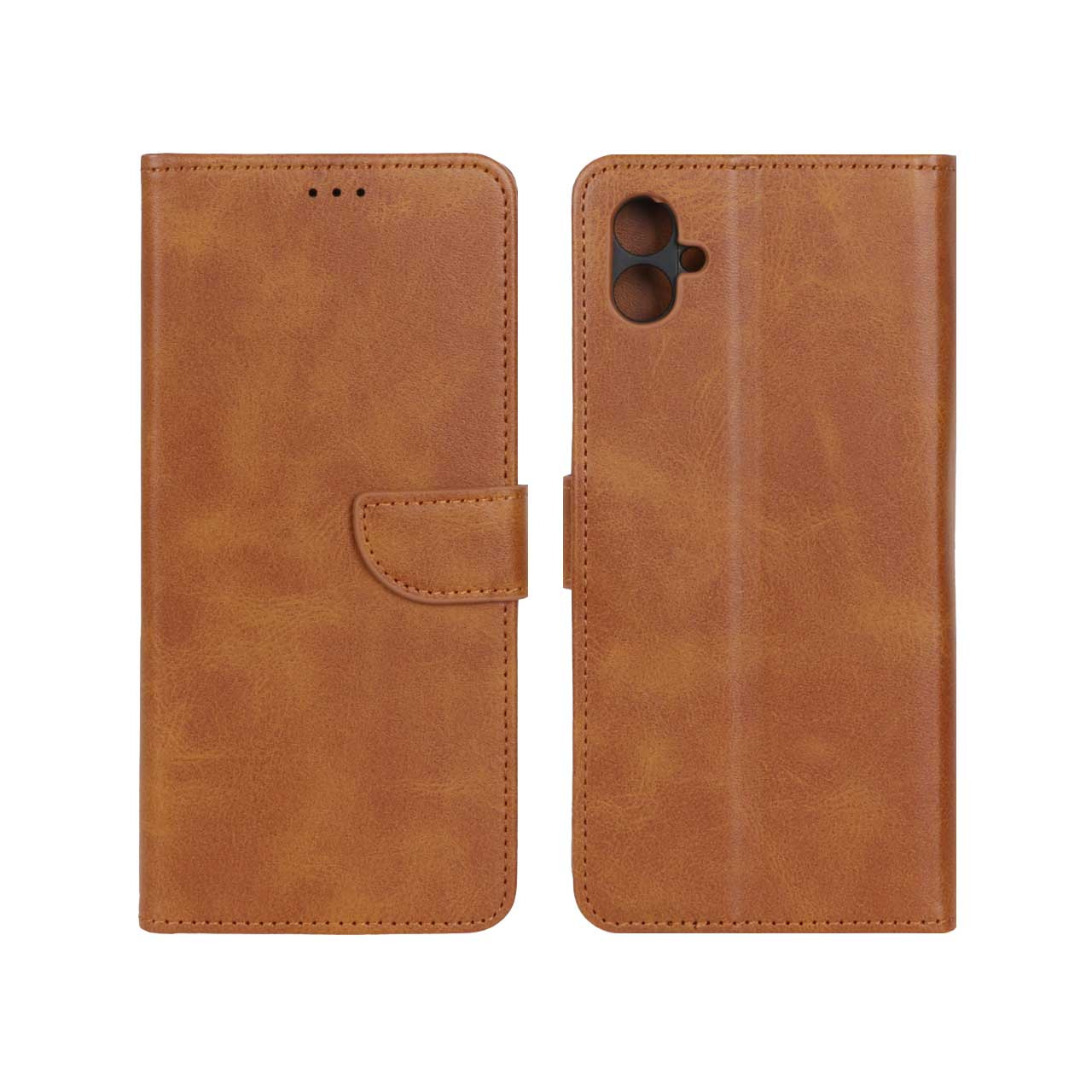 کیف چرمی موبایل مگنتی محافظ لنزدار Samsung Galaxy A04e / M04 / F04 - عسلی