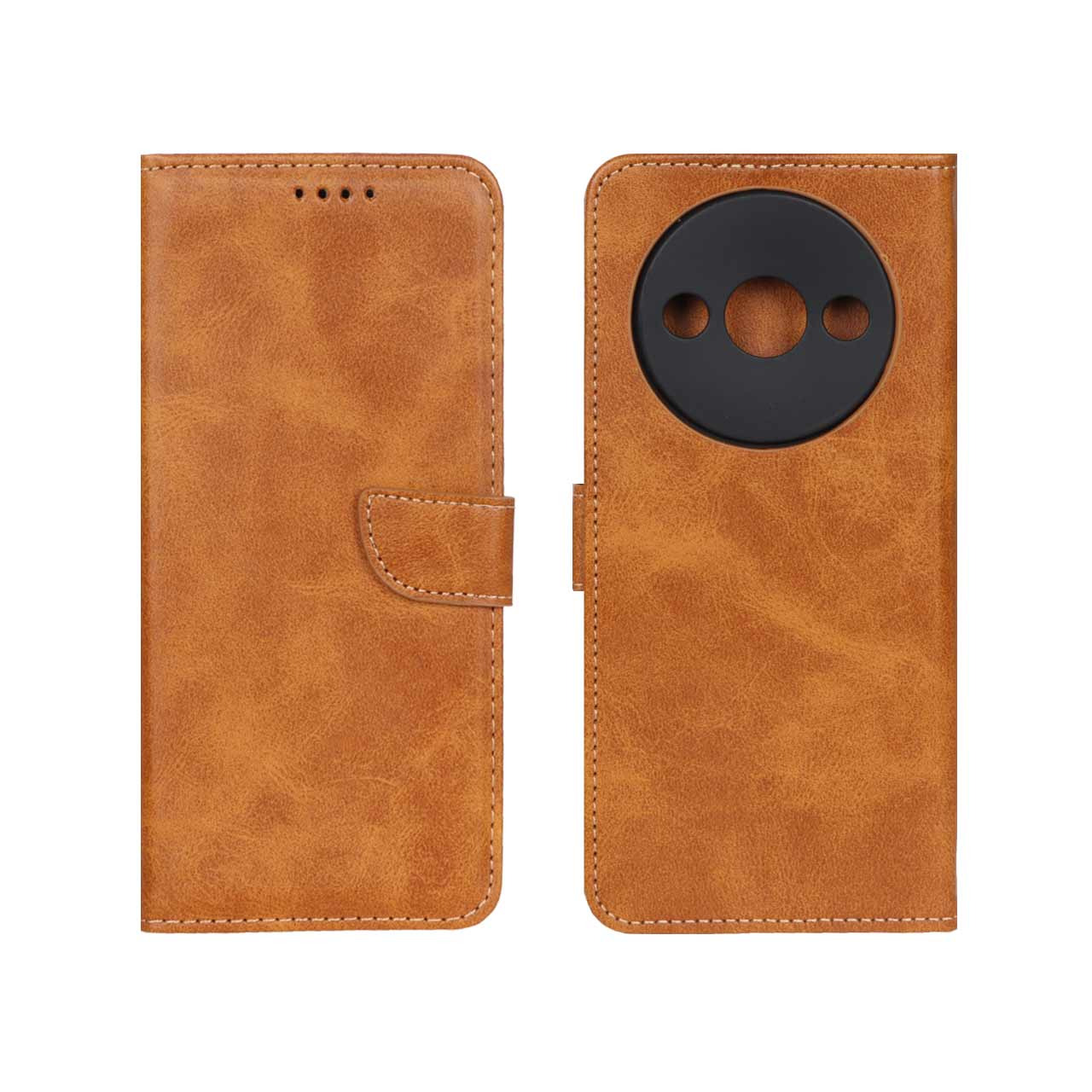 کیف چرمی موبایل مگنتی محافظ لنزدار / Xiaomi Redmi A3 A3x / Poco C61 - عسلی
