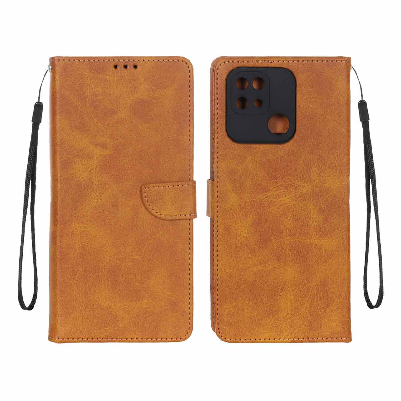 کیف چرمی موبایل مگنتی محافظ لنزدار Xiaomi Redmi 10C / Redmi 10 Power / Poco C40 - عسلی