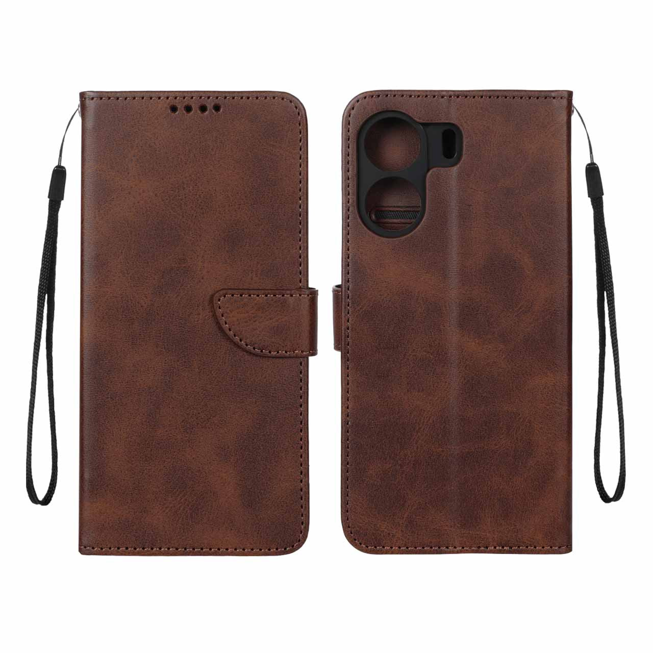کیف چرمی موبایل مگنتی محافظ لنزدار Xiaomi Redmi 13C / Poco C65 - قهوه ای