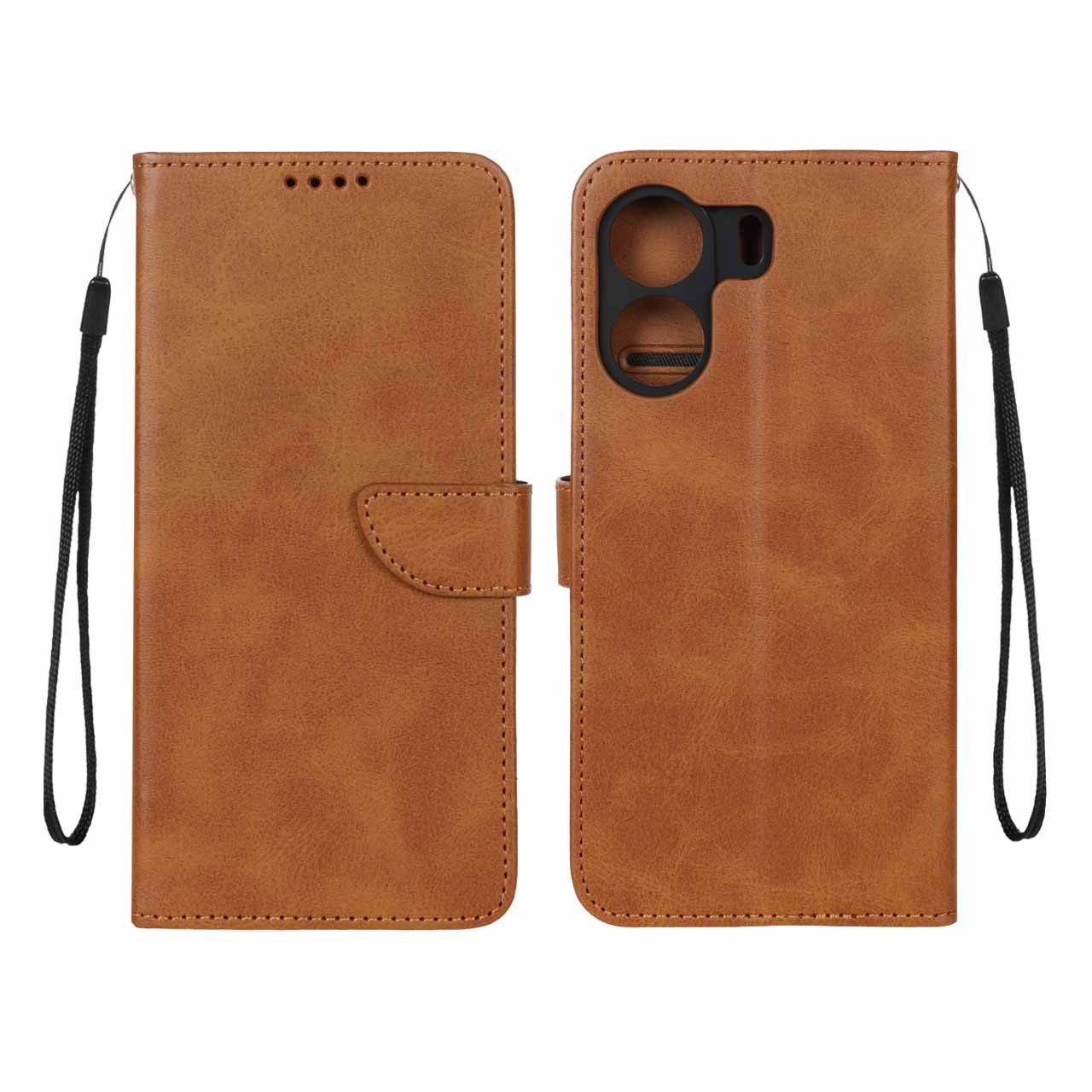 کیف چرمی موبایل مگنتی محافظ لنزدار Xiaomi Redmi 13C / Poco C65 - عسلی