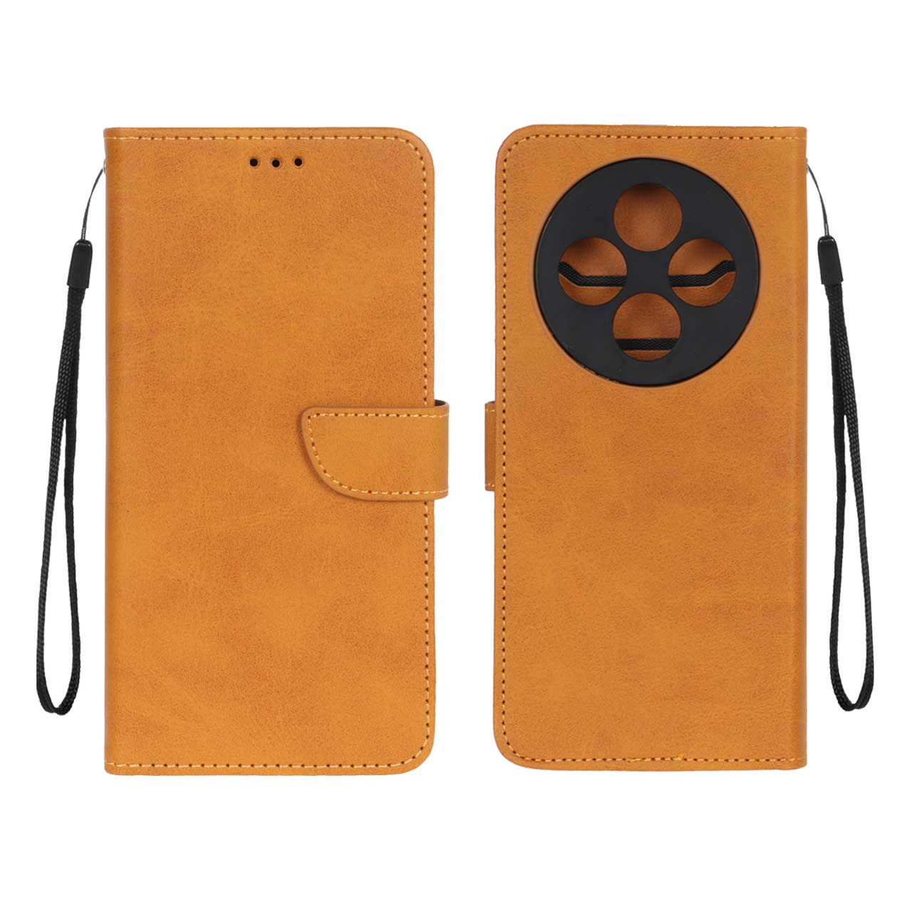 کیف چرمی موبایل مگنتی محافظ لنزدار Xiaomi Redmi 14C / Poco C75 - عسلی