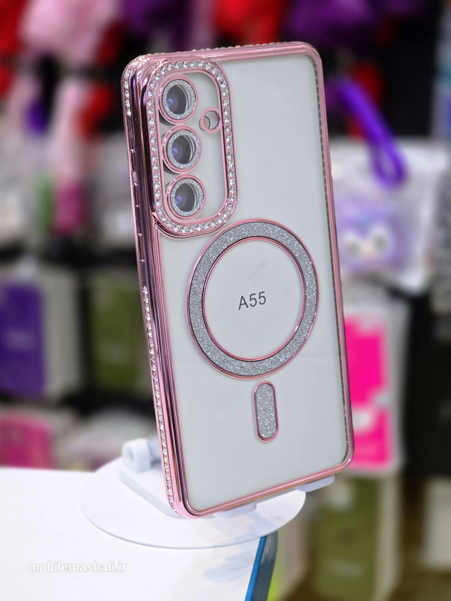 قاب شاین نگینی به همراه محافظ لنز و مگ سیف Samsung Galaxy A55 صورتی