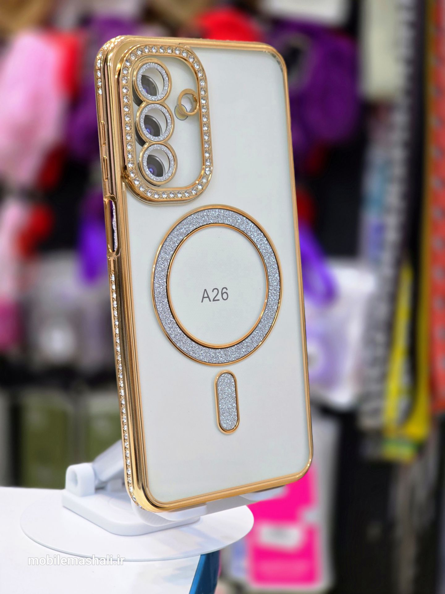 قاب شاین نگینی به همراه محافظ لنز و مگ سیف Samsung Galaxy A26 طلایی