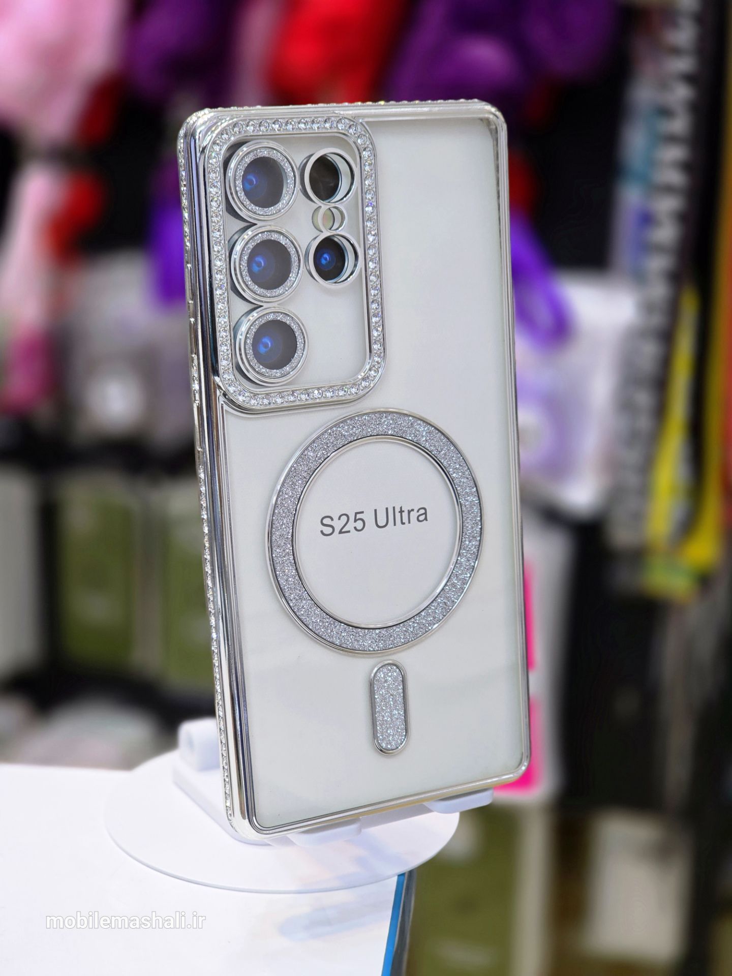 قاب شاین نگینی به همراه محافظ لنز و مگ سیف Samsung Galaxy S25 Ultra سفید