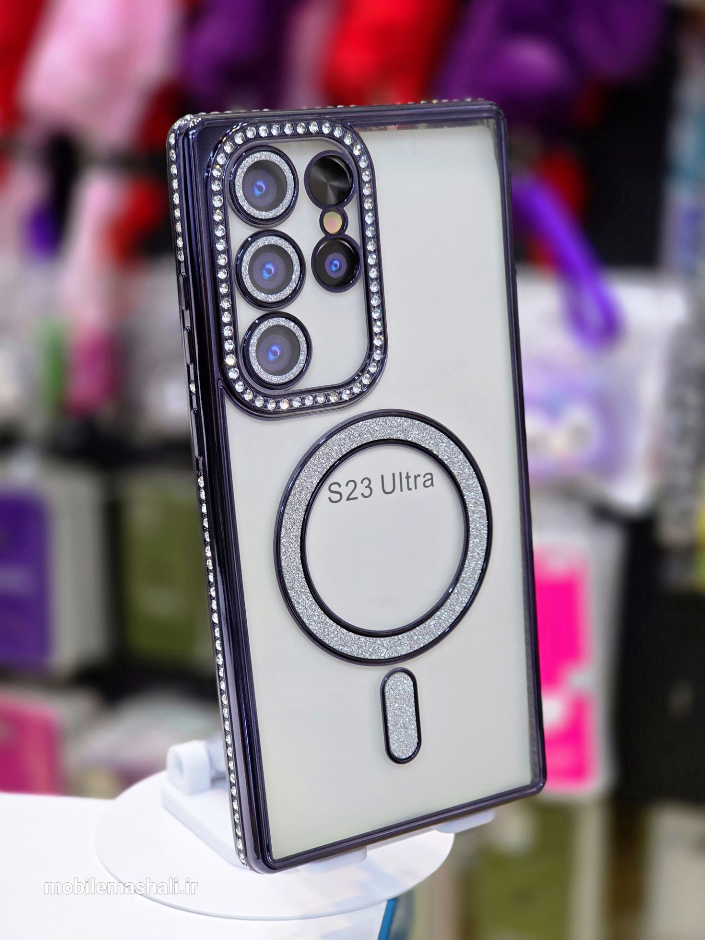قاب شاین نگینی به همراه محافظ لنز و مگ سیف Samsung Galaxy S23 Ultra مشکی