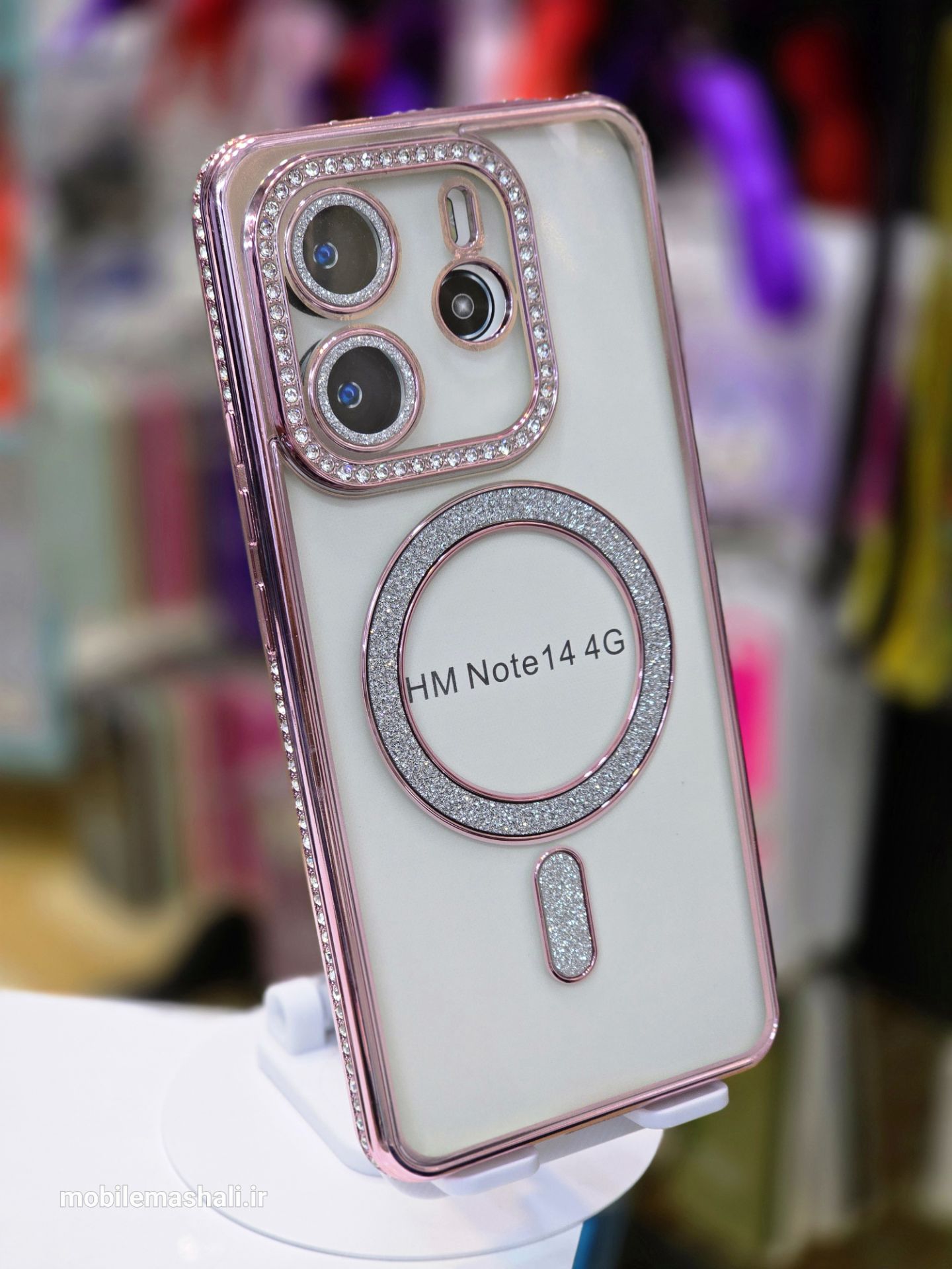 قاب شاین نگینی به همراه محافظ لنز و مگ سیف Xiaomi Redmi Note 14 4G صورتی