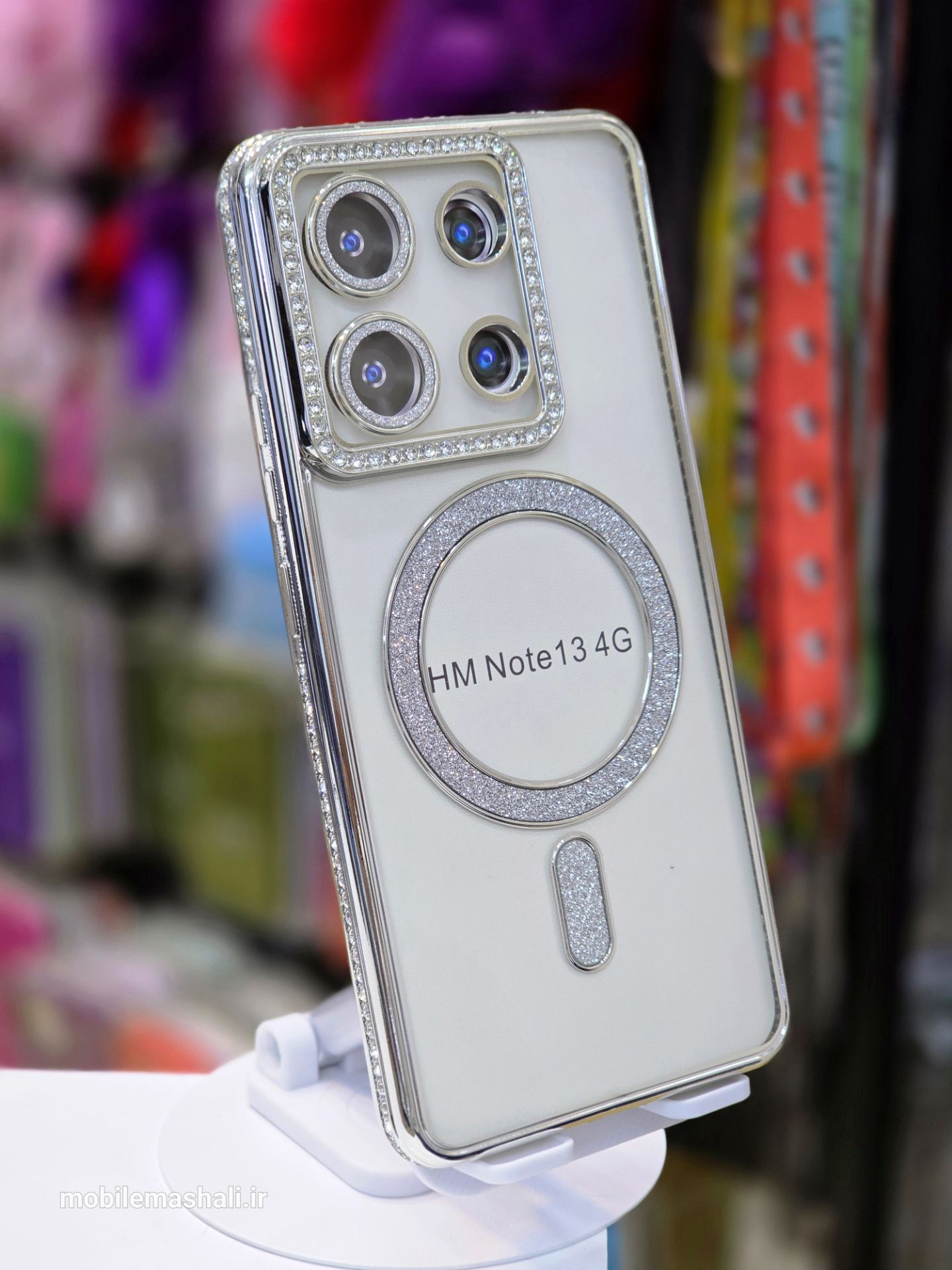 قاب شاین نگینی به همراه محافظ لنز و مگ سیف Xiaomi Redmi Note 13 4G سفید
