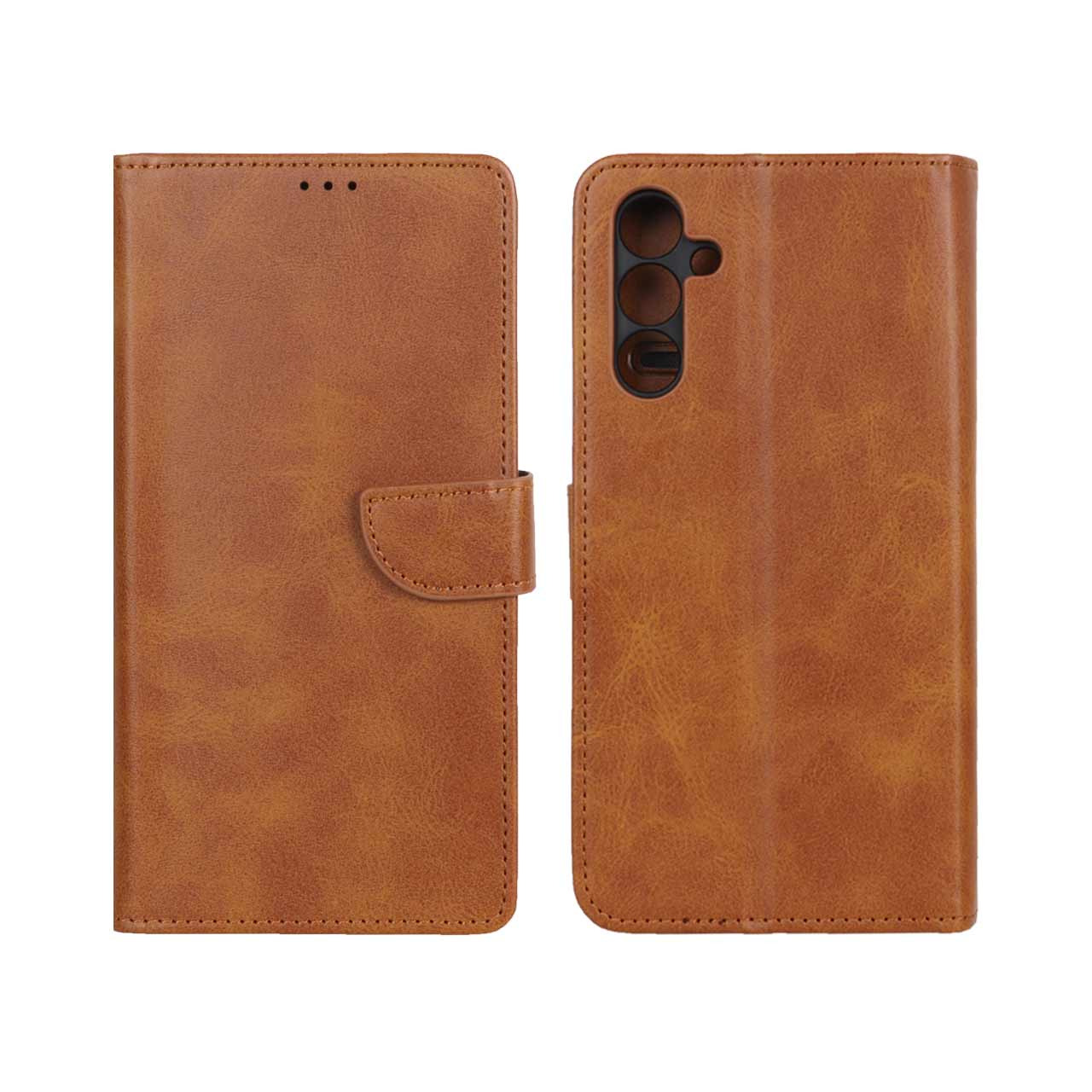 کیف چرمی موبایل مگنتی محافظ لنزدار Samsung Galaxy A15 - عسلی