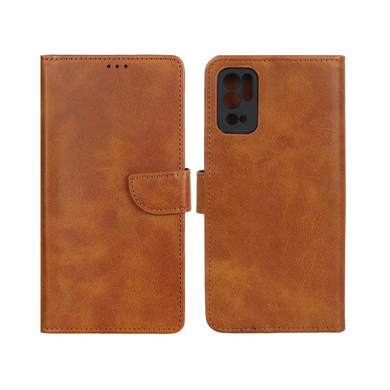 کیف چرمی موبایل مگنتی محافظ لنزدار Xiaomi Poco M3 Pro / Redmi Note 10 5G / Redmi Note 11 SE - عسلی