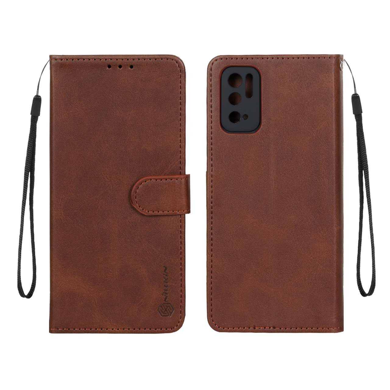 کیف چرمی موبایل مگنتی محافظ لنزدار Xiaomi Poco M3 Pro / Redmi Note 10 5G / Redmi Note 11 SE - قهوه ای