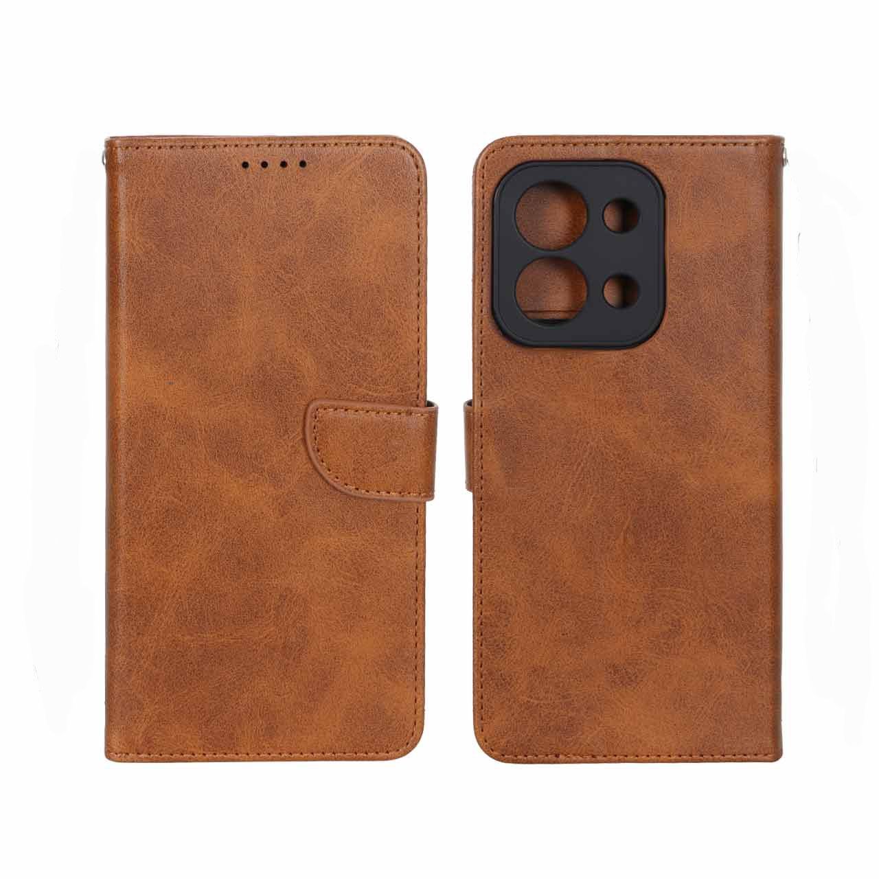 کیف چرمی موبایل مگنتی محافظ لنزدار Xiaomi Redmi 15C / Poco C85 - عسلی