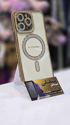 قاب شاین نگینی به همراه محافظ لنز و مگ سیف آیفون Iphone 15 PRO MAX طلایی