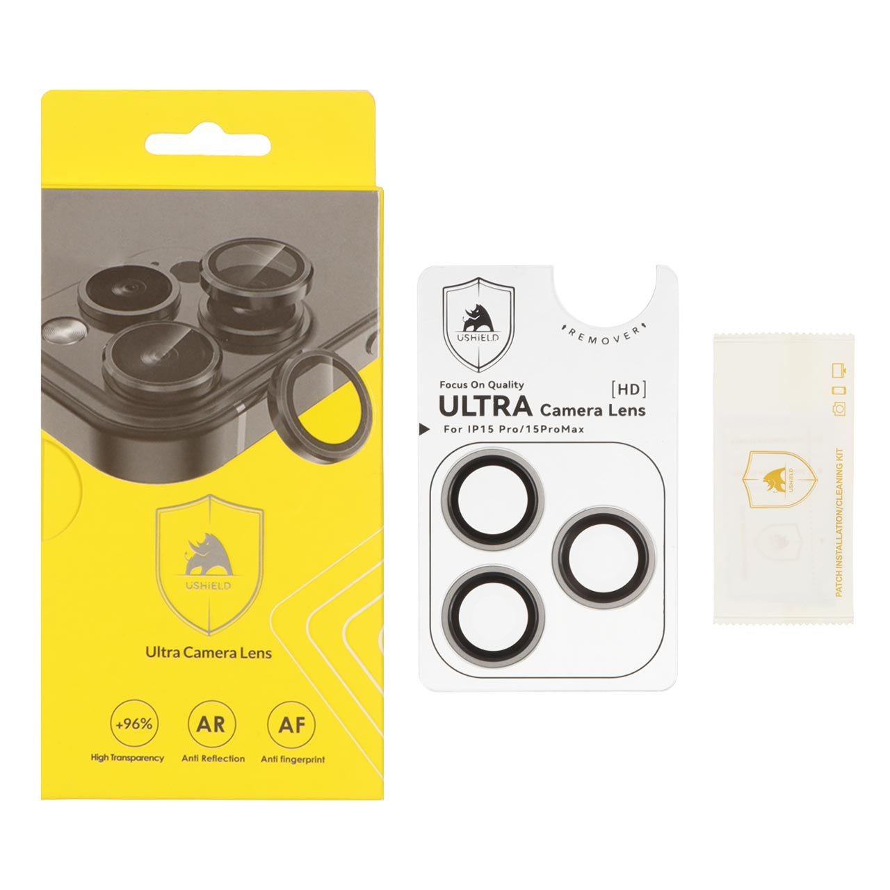 محافظ لنز رینگی اورجینال Ultra Camera Lens Ushield شابلون دار Apple iPhone 15 Pro Max / iPhone 15 Pro - خاکستری روشن (پک دار)